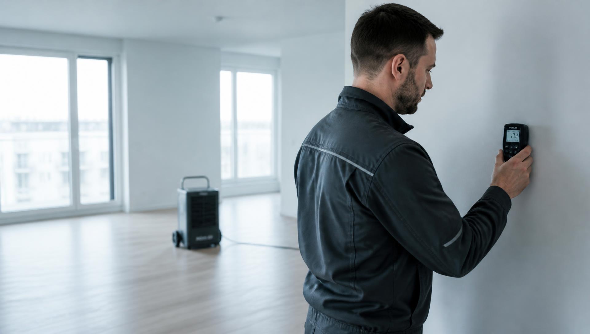 Techniker von Rieger Trocknung bei der Feuchtemessung an einer Wand in einer Berliner Wohnung