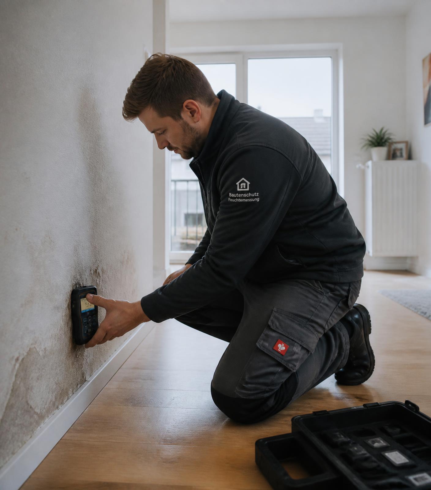 Techniker bei einer Feuchtemessung in einer Wohnung