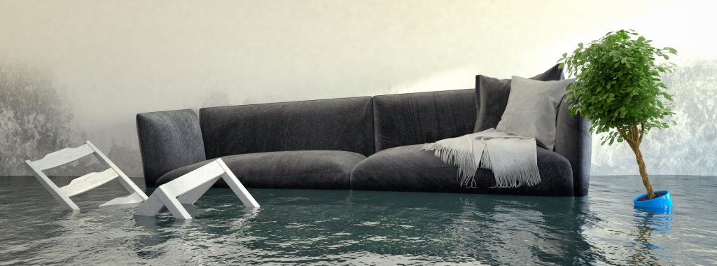 3d render - Water damager after flooding in house with furniture floating.
